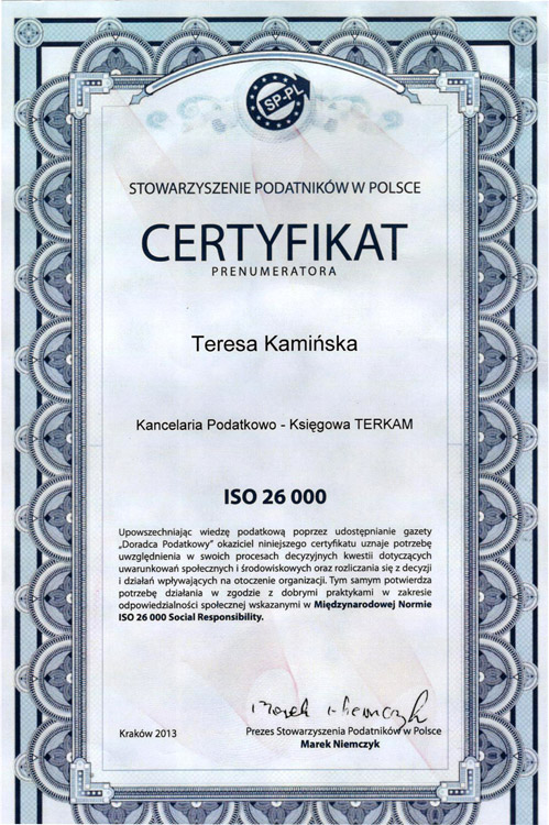 Kancelaria Podatkowo-Księgowa TERKAM Teresa Kamińska certyfikat 2