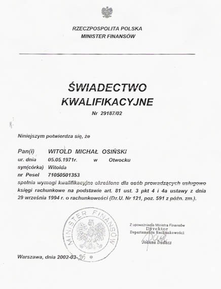 Biuro Rachunkowe Witold Osiński certyfikat 2
