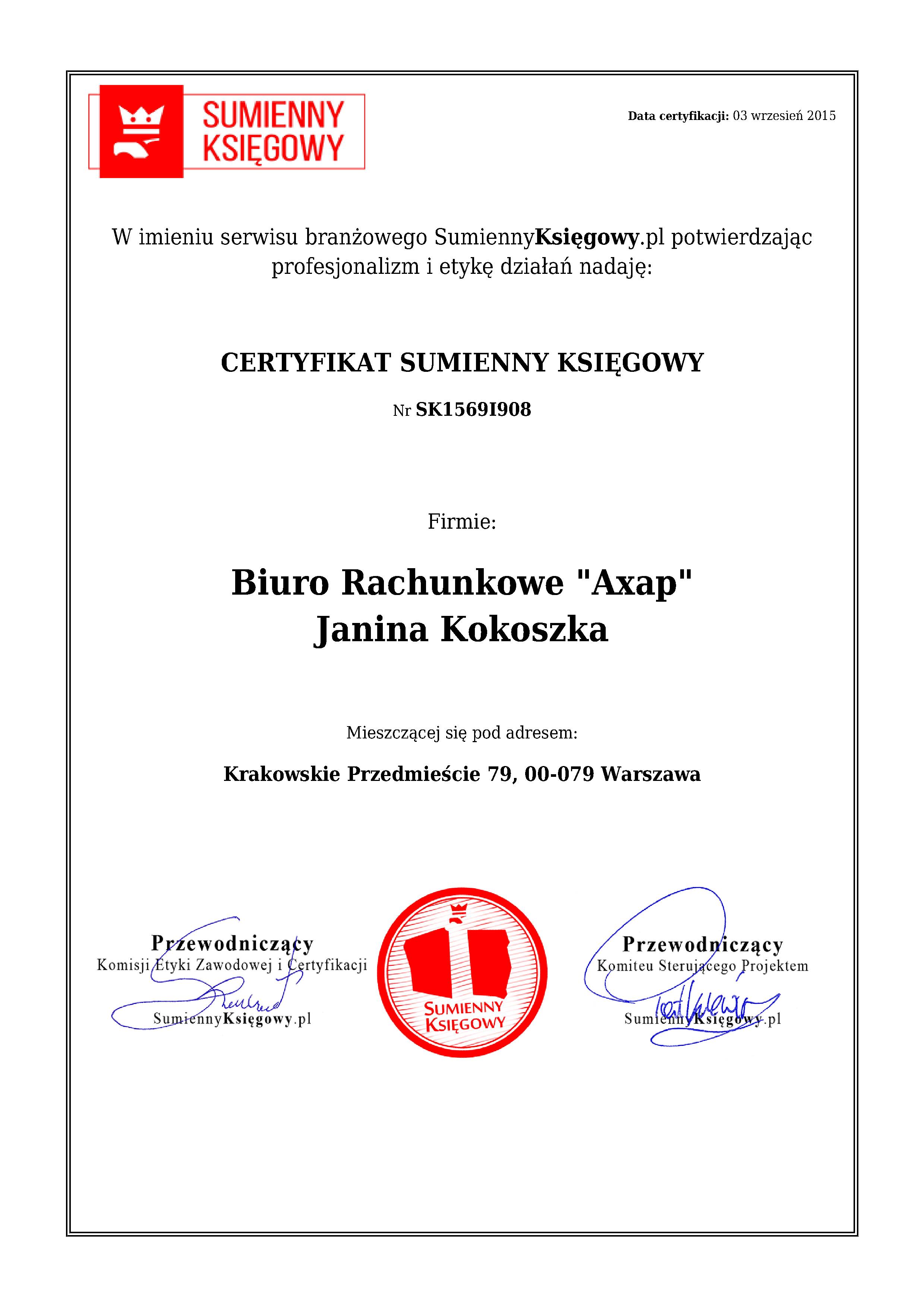 Certyfikat Biuro Rachunkowe 