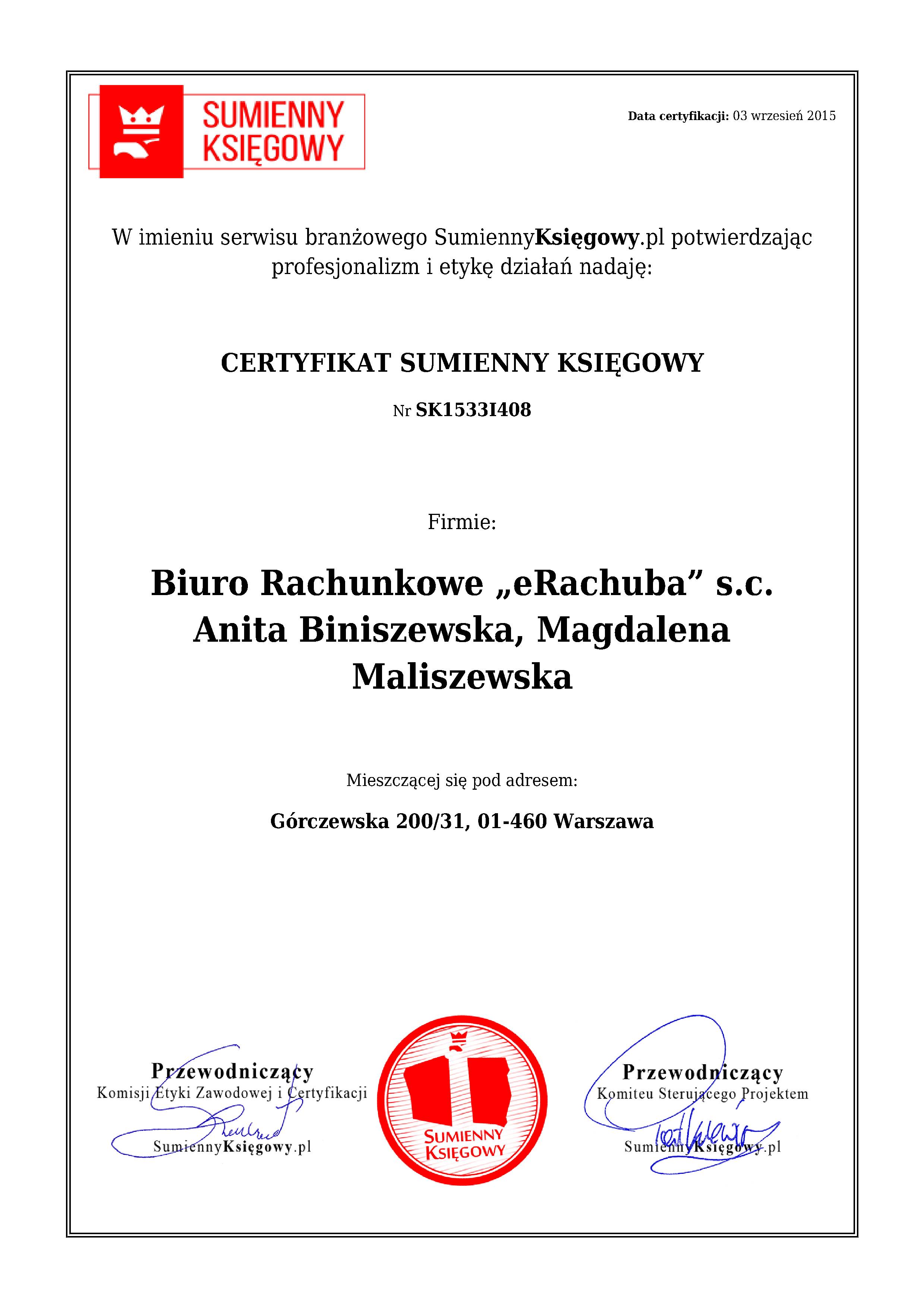 Biuro Rachunkowe „eRachuba” s.c. Anita Biniszewska, Magdalena Maliszewska certyfikat 1