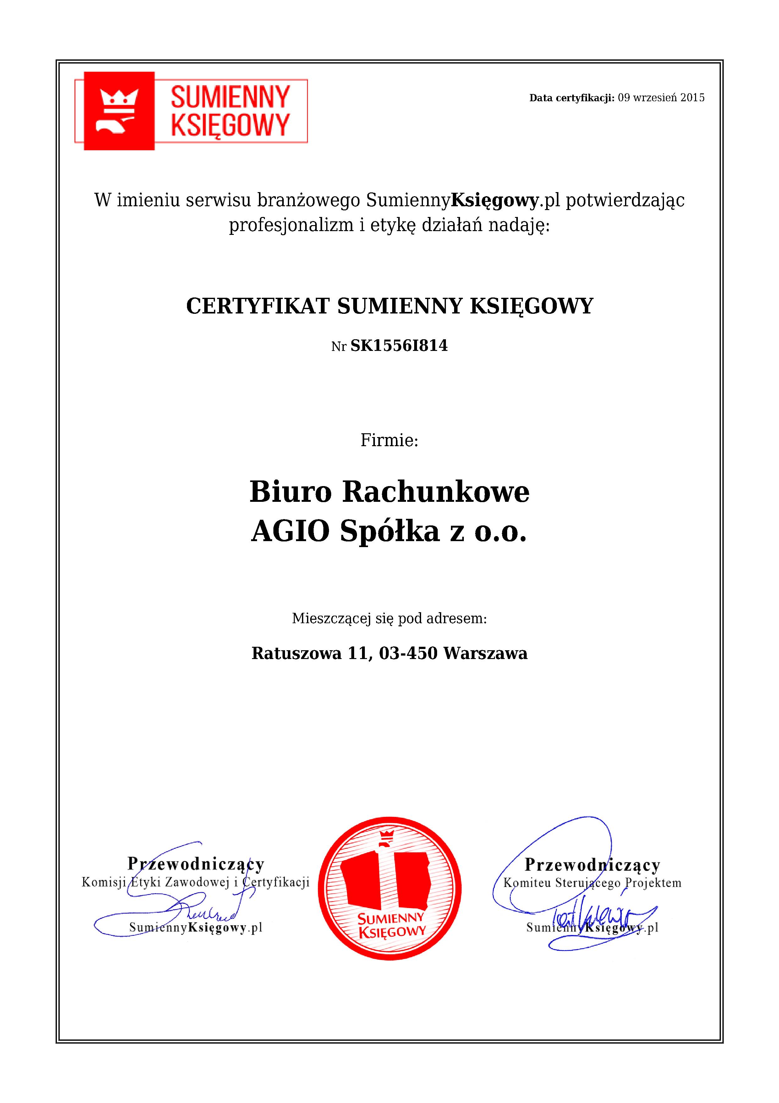 Certyfikat Biuro Rachunkowe AGIO Spółka z o.o. 