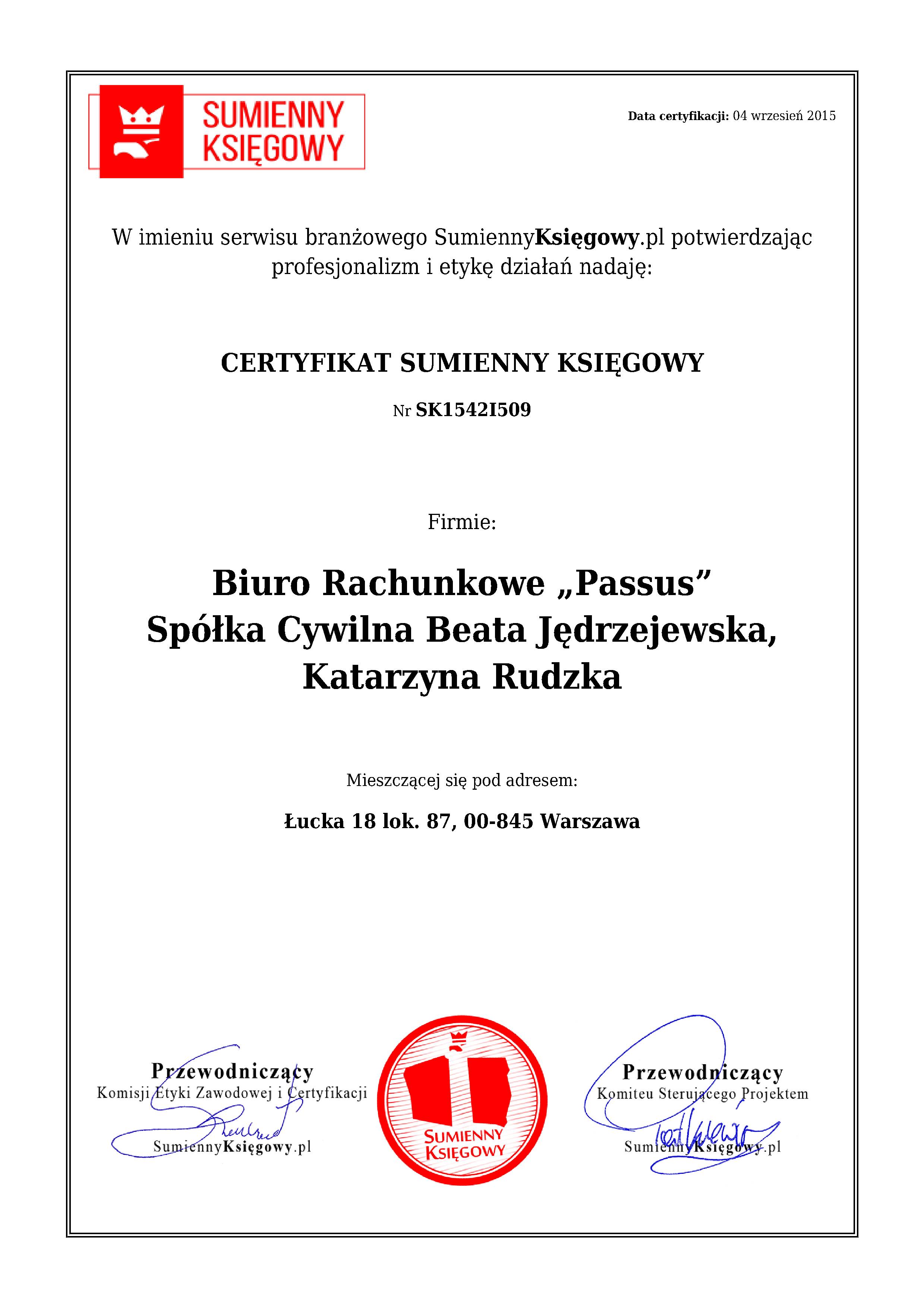 Biuro Rachunkowe „Passus” Spółka Cywilna Beata Jędrzejewska, Katarzyna Rudzka certyfikat 1