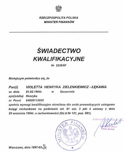 Biuro Rachunkowe „Info-Tax” mgr Violetta Zielenkiewicz  certyfikat 2