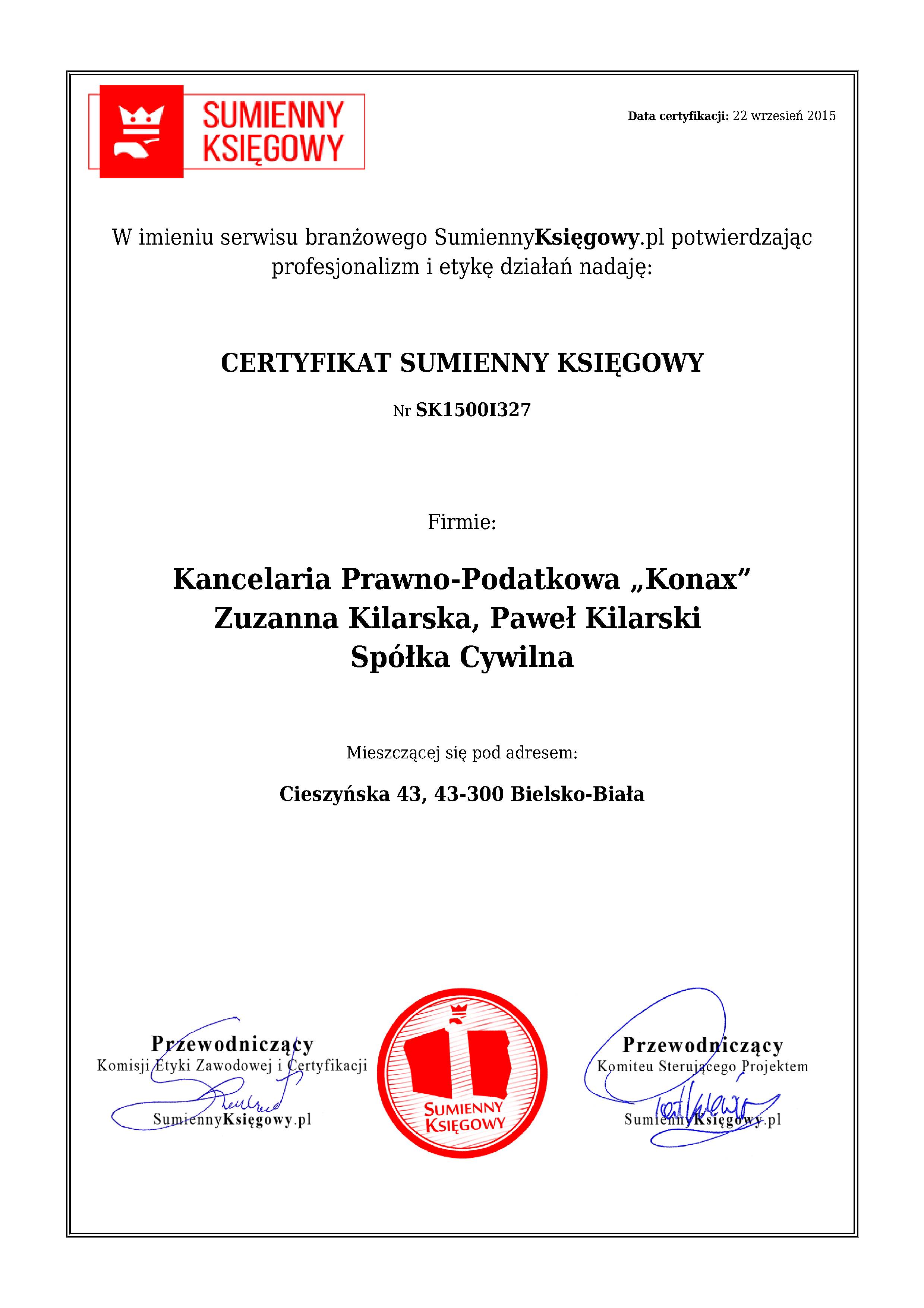 Certyfikat Kancelaria Prawno-Podatkowa „Konax” Zuzanna Kilarska, Paweł Kilarski Spółka Cywilna