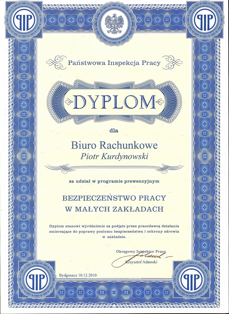 Certyfikat Biuro Rachunkowe „Kurdynowski” Piotr Kurdynowski