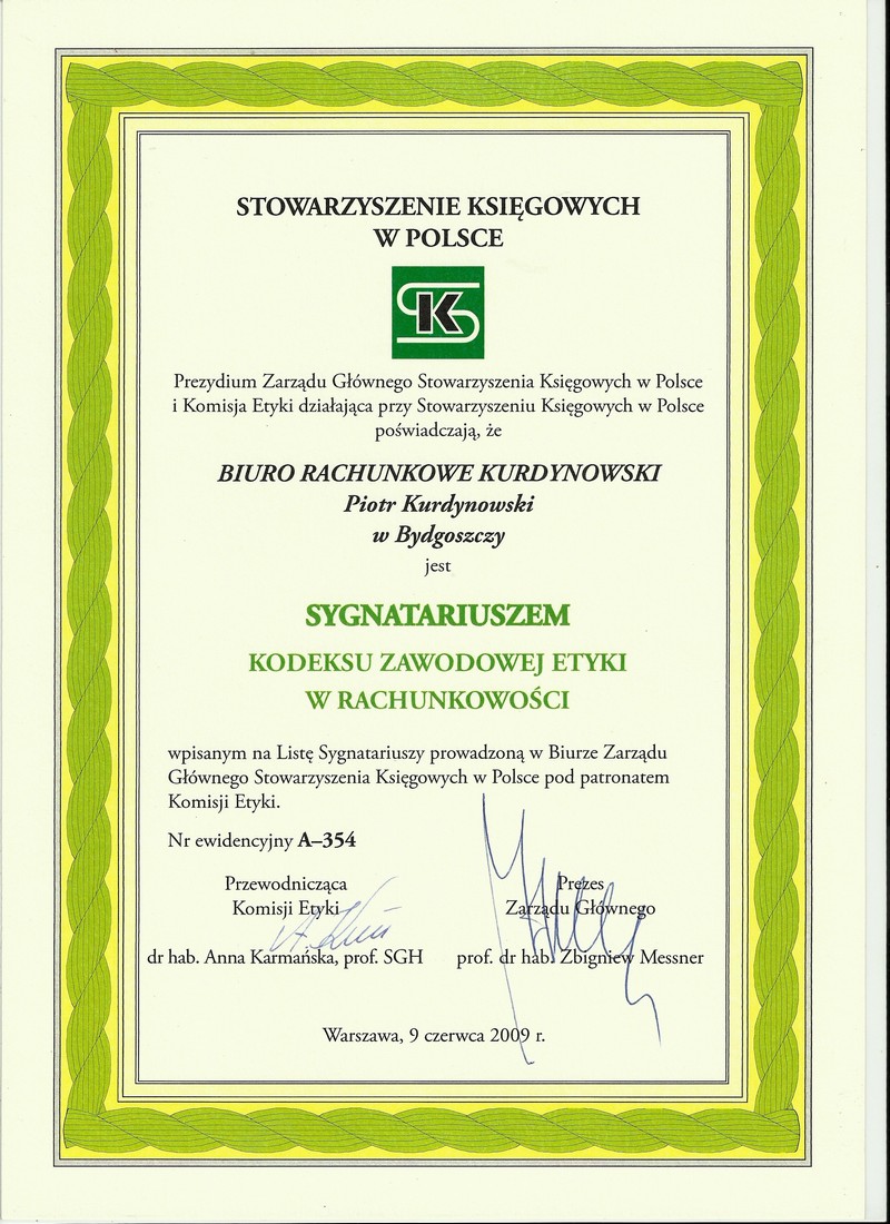 Certyfikat Biuro Rachunkowe „Kurdynowski” Piotr Kurdynowski