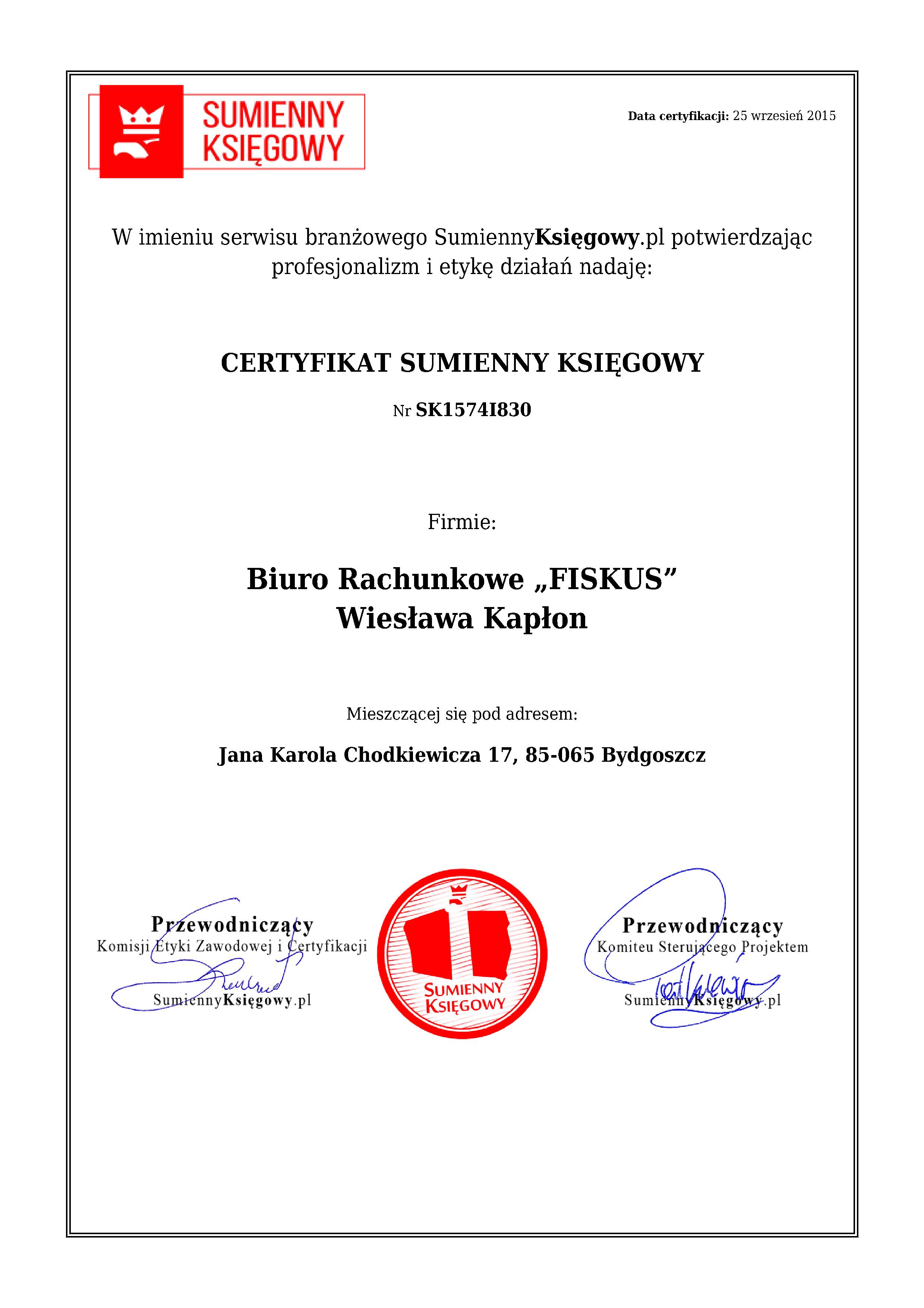 Certyfikat Biuro Rachunkowe „FISKUS” Wiesława Kapłon