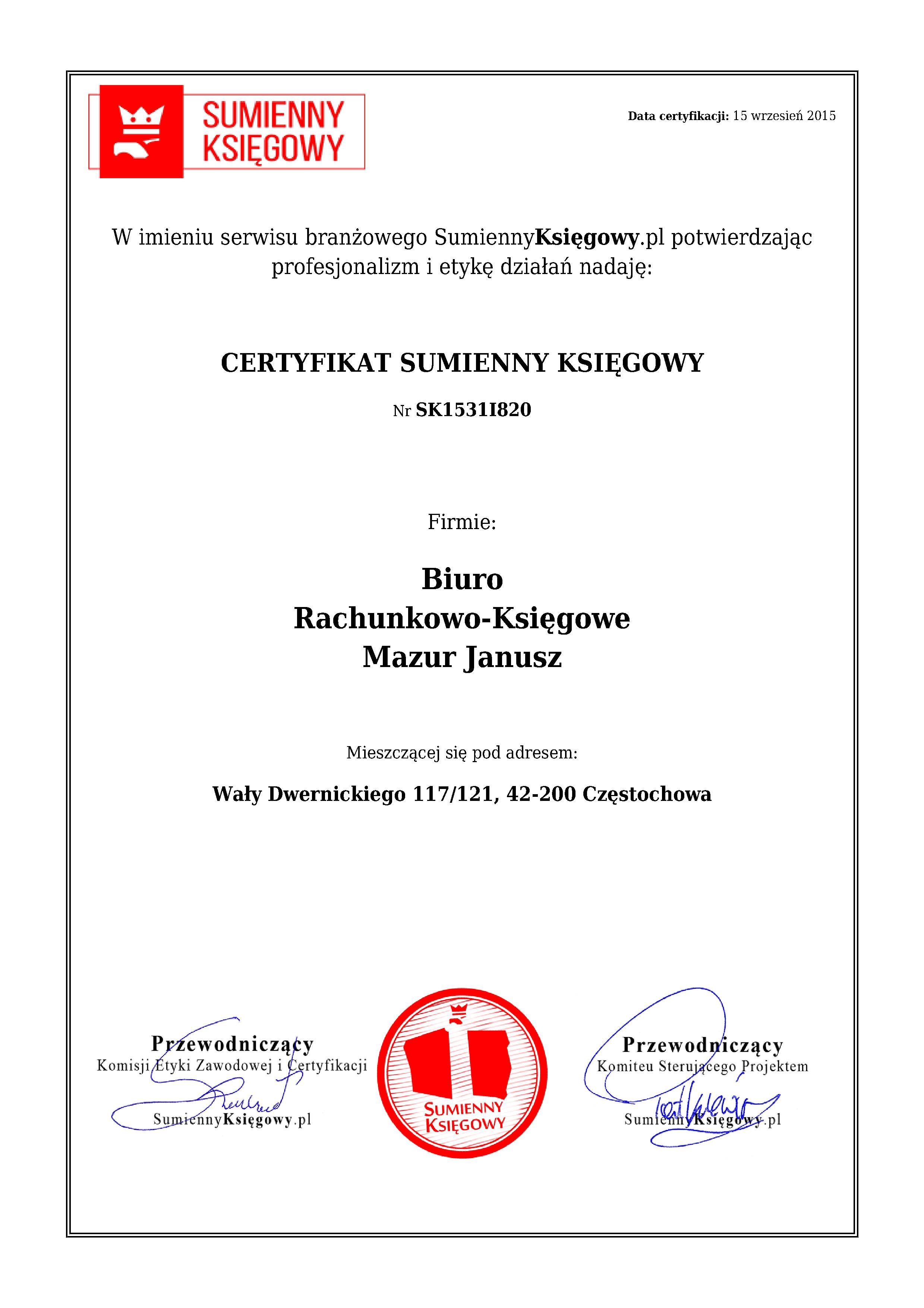 Certyfikat Biuro Rachunkowo-Księgowe Mazur Janusz