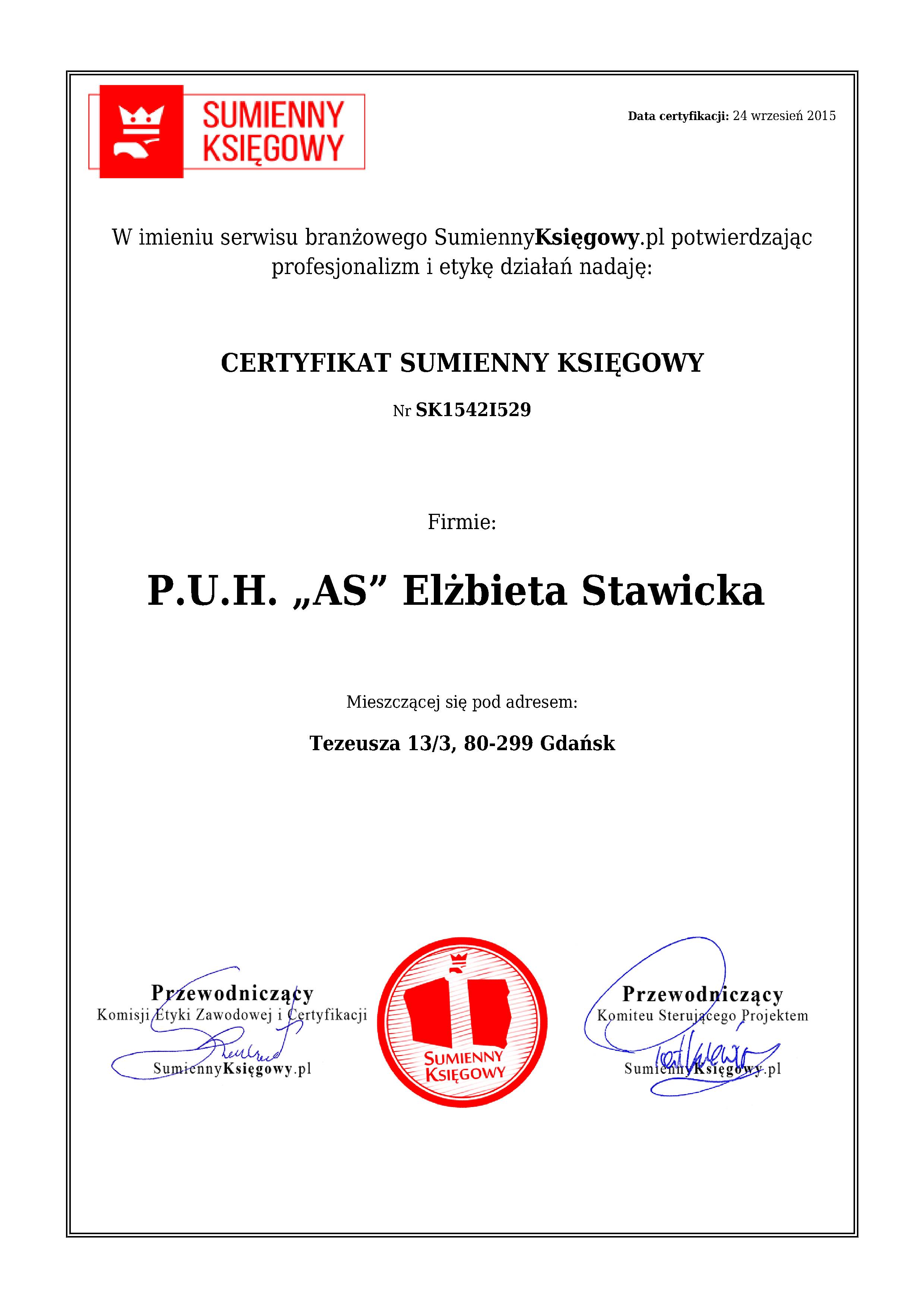 P.U.H. „AS”  Elżbieta Stawicka  certyfikat 1