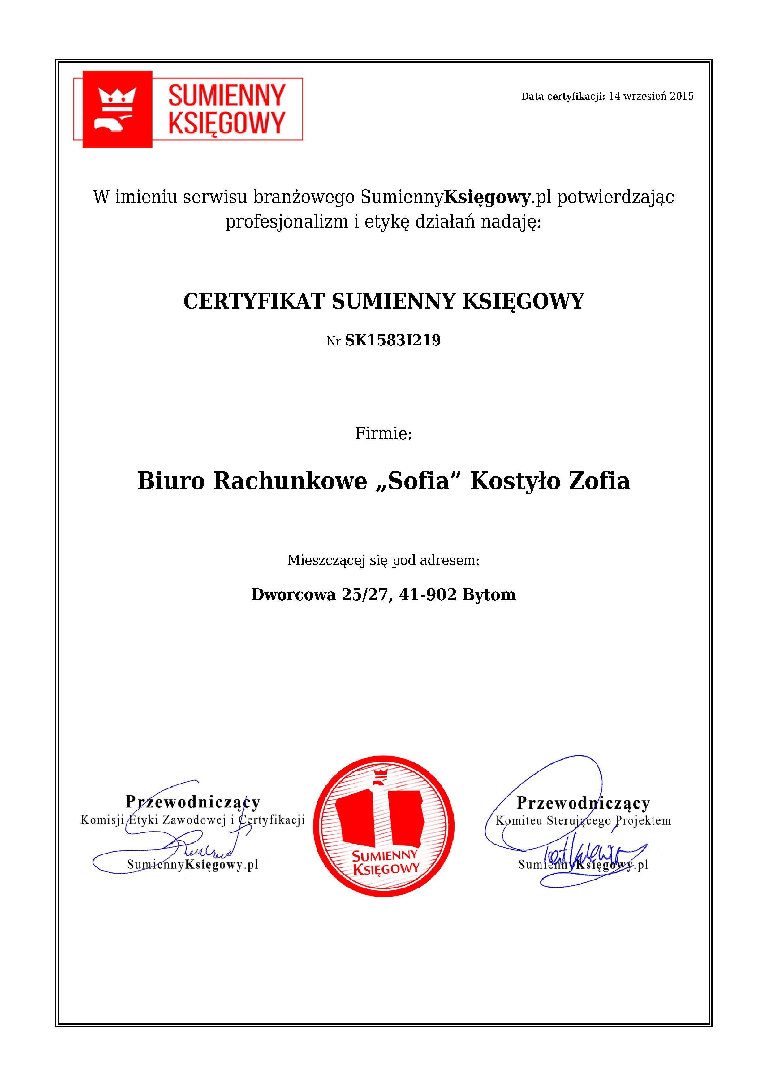 Certyfikat Biuro Rachunkowe „Sofia” Kostyło Zofia