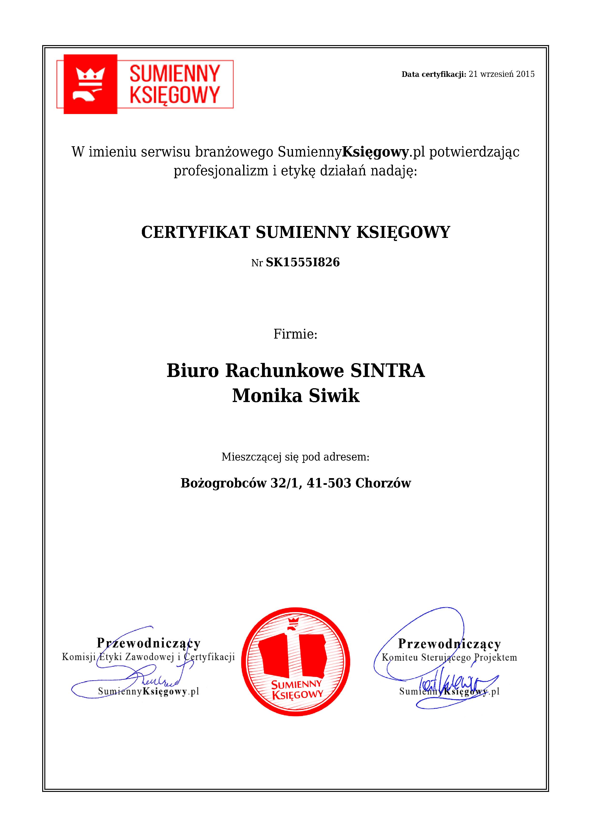 Certyfikat Biuro Rachunkowe SINTRA Monika Siwik