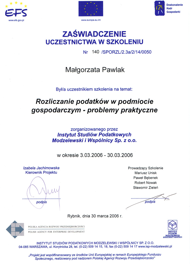 Certyfikat Biuro Rachunkowe BRG Małgorzata Pawlak
