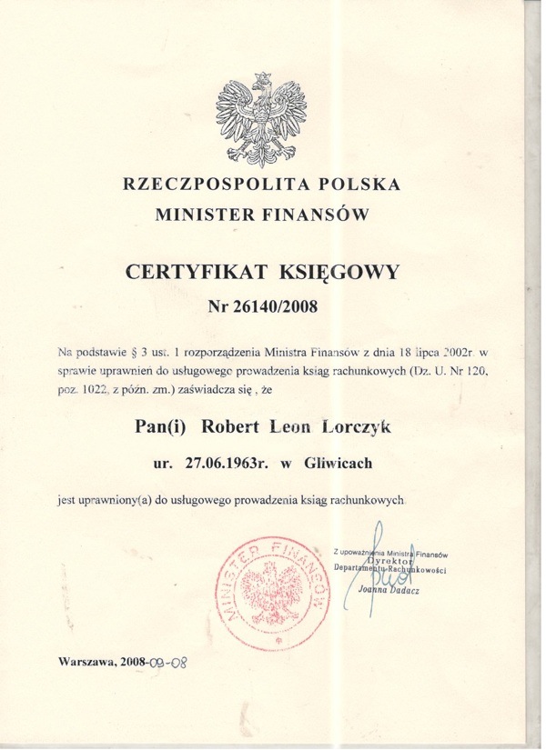 „Sukurs” Spółka Cywilna Doradztwo Podatkowe i Prawne Mirosława Lorczyk Robert Lorczyk certyfikat 5