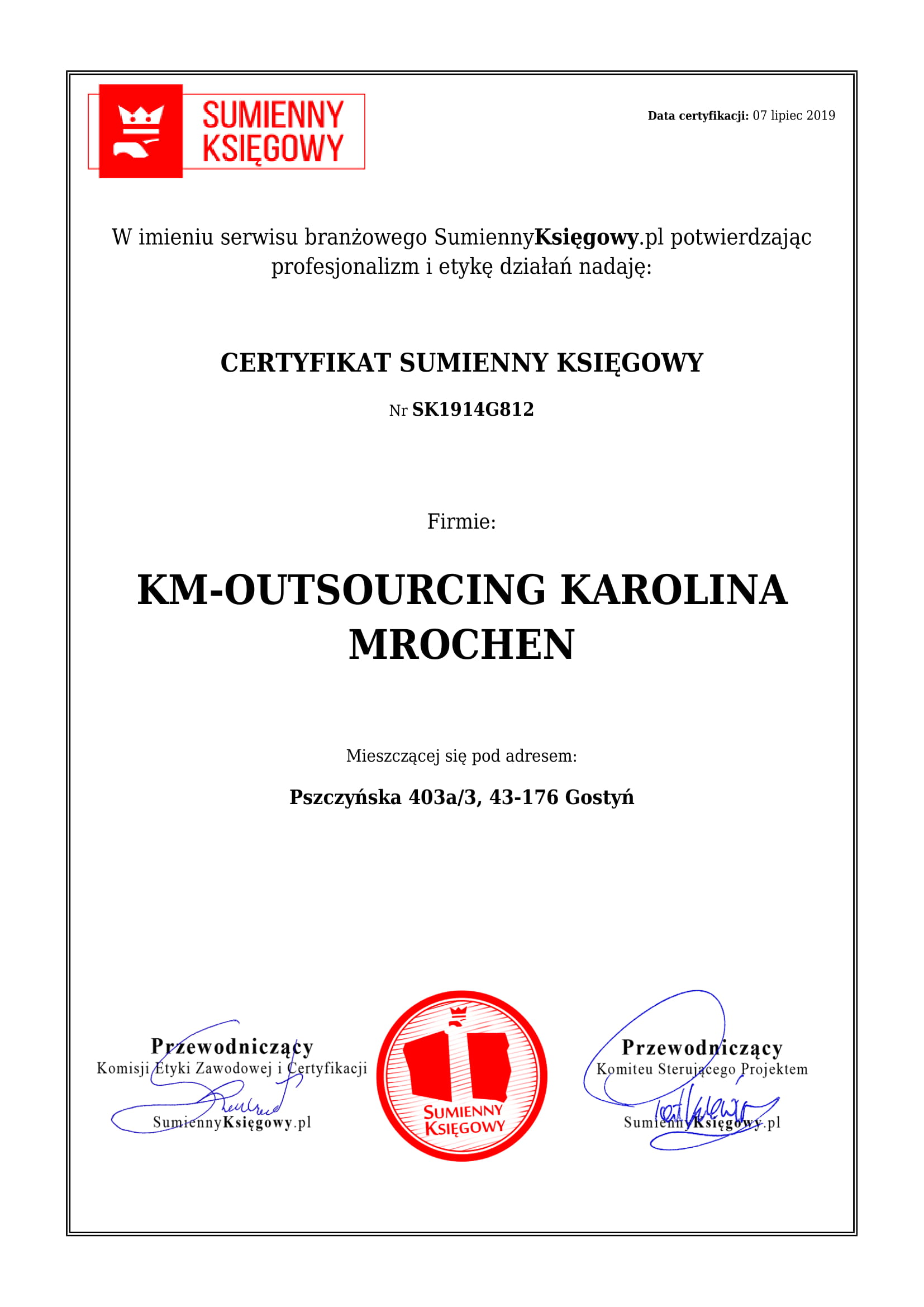KM-OUTSOURCING KAROLINA MROCHEN certyfikat 1