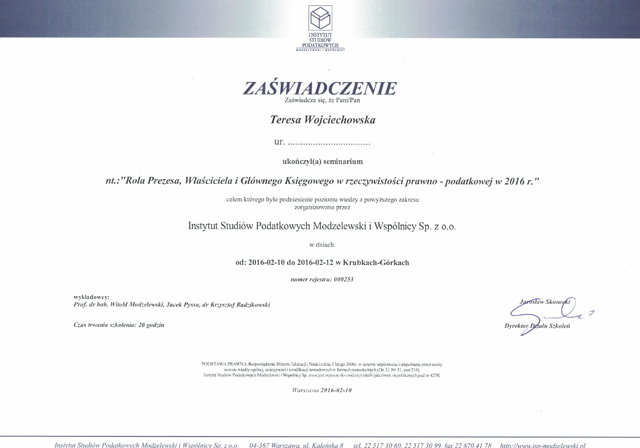 Kancelaria Prawno-Podatkowa Sekret Teresa Wojciechowska certyfikat 2