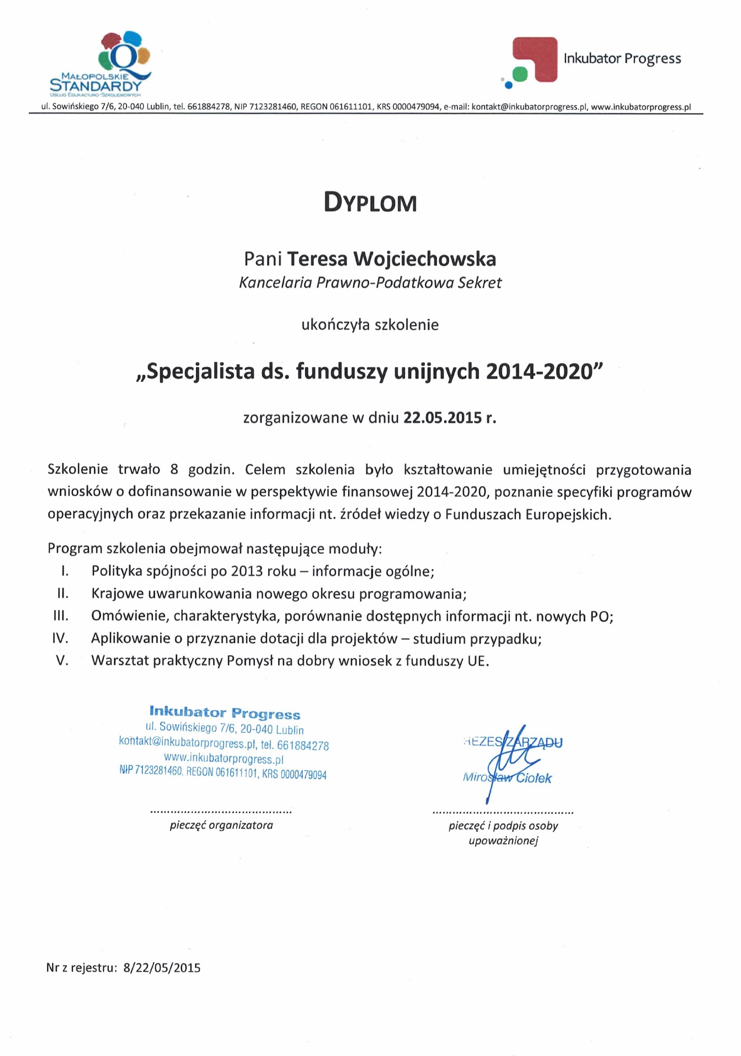 Kancelaria Prawno-Podatkowa Sekret Teresa Wojciechowska certyfikat 3