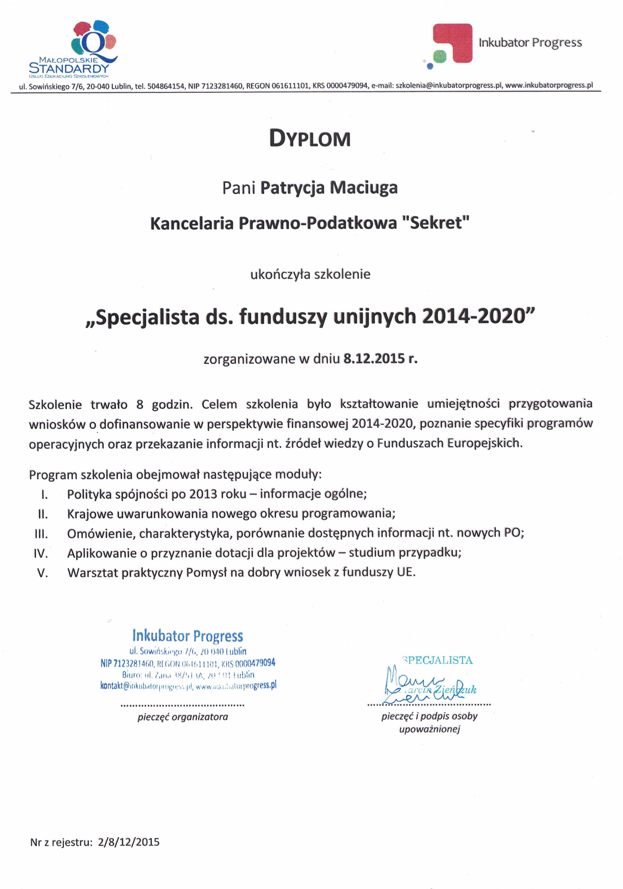 Kancelaria Prawno-Podatkowa Sekret Teresa Wojciechowska certyfikat 4