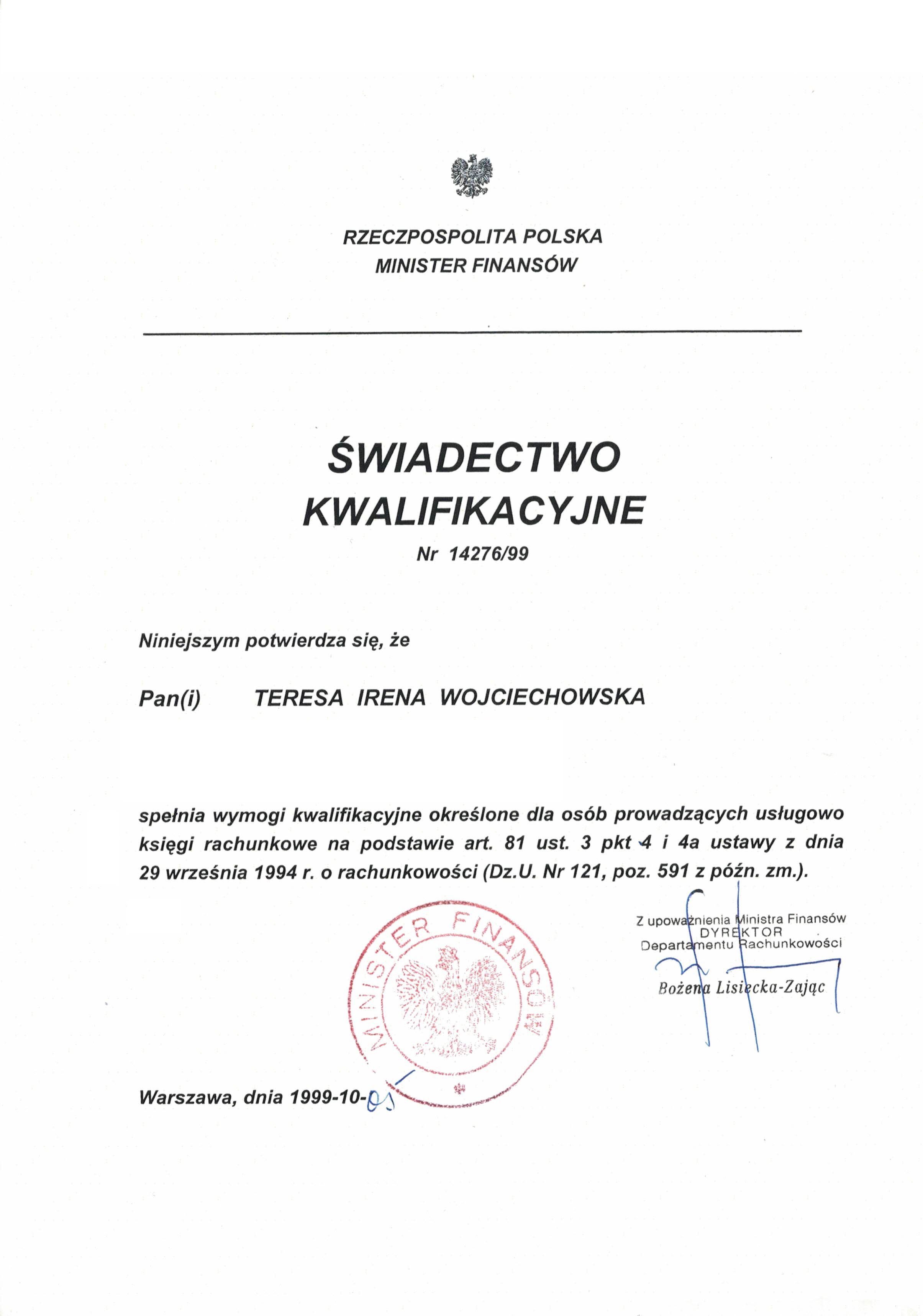 Kancelaria Prawno-Podatkowa Sekret Teresa Wojciechowska certyfikat 5