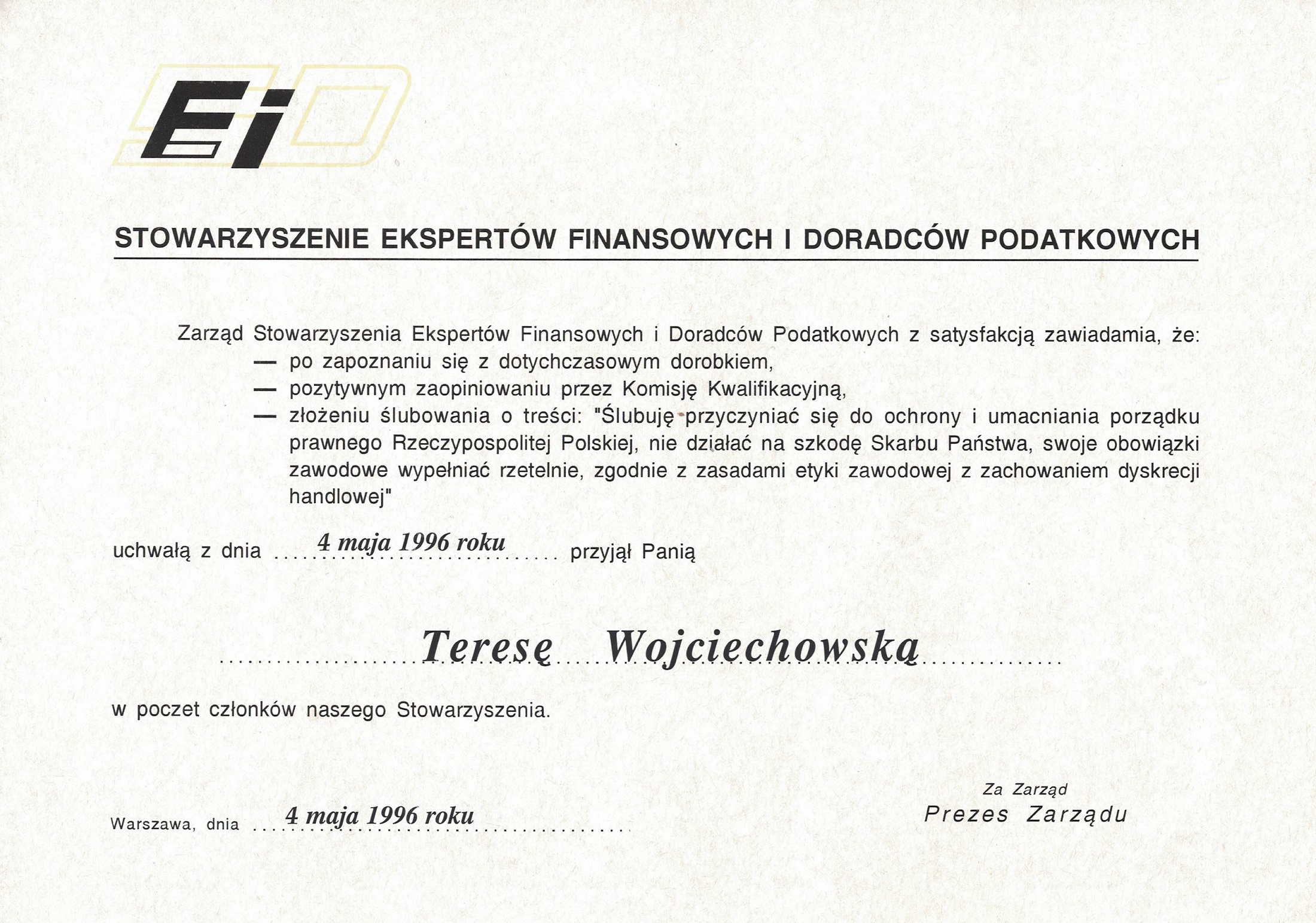 Kancelaria Prawno-Podatkowa Sekret Teresa Wojciechowska certyfikat 8