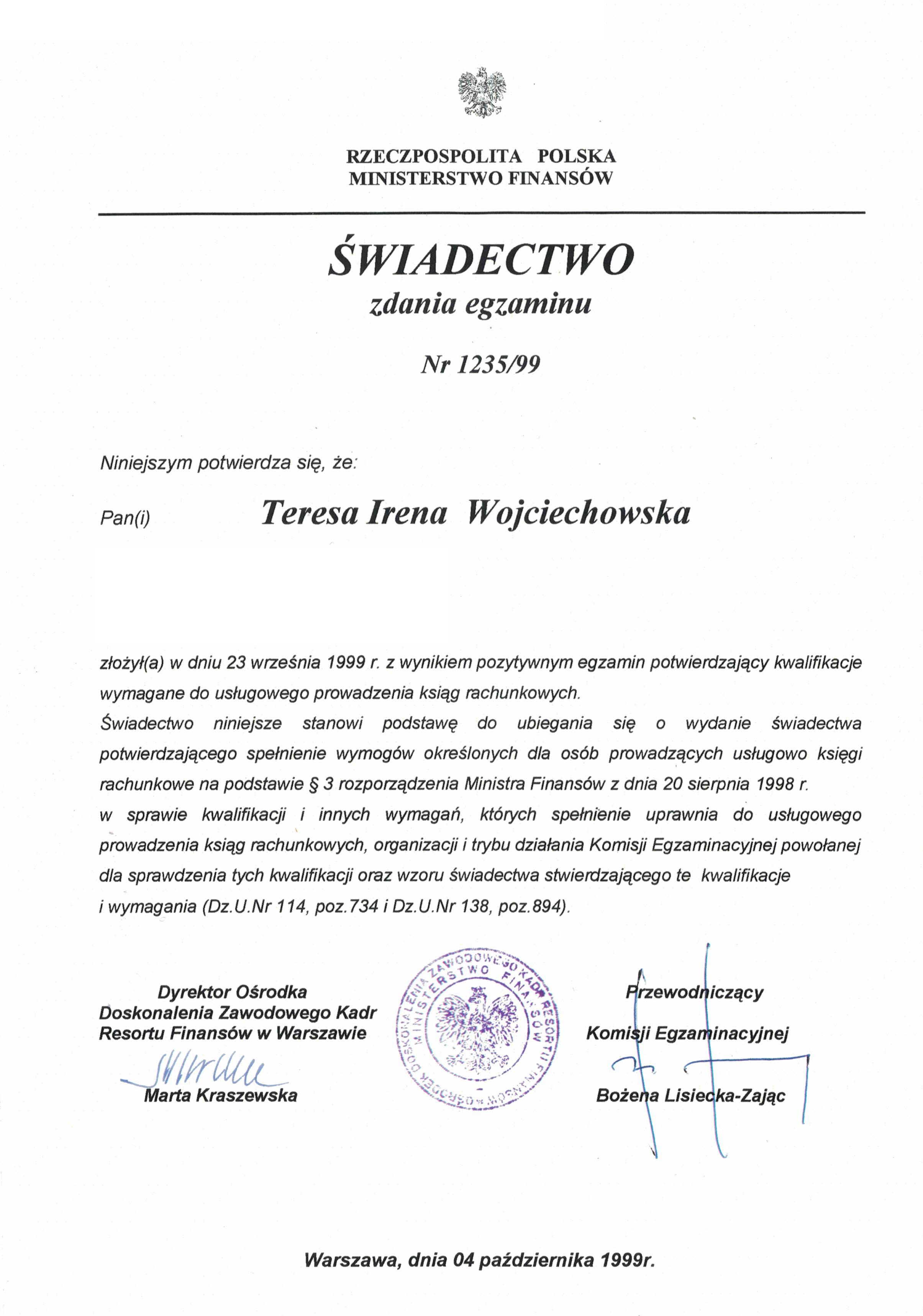 Kancelaria Prawno-Podatkowa Sekret Teresa Wojciechowska certyfikat 7