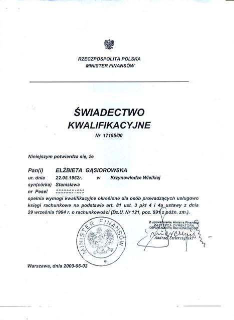 Certyfikat Biuro Rachunkowe Elżbieta Gąsiorowska
