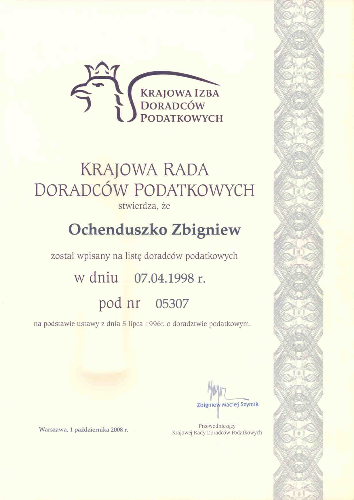 Certyfikat Przedsiębiorstwo Usług Podatkowych „Wawel-Express” Ochenduszko Zbigniew