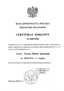 Biuro Rachunkowe „TGJ” Teresa Jędrasiak  certyfikat 2