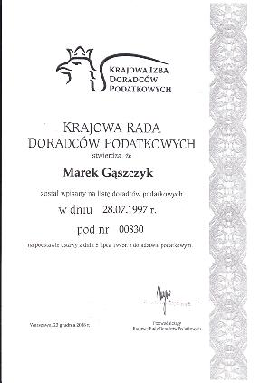 Agama Doradztwo Podatkowe S.C. Marek Gąszczyk, Bogdan Szewczuk certyfikat 2