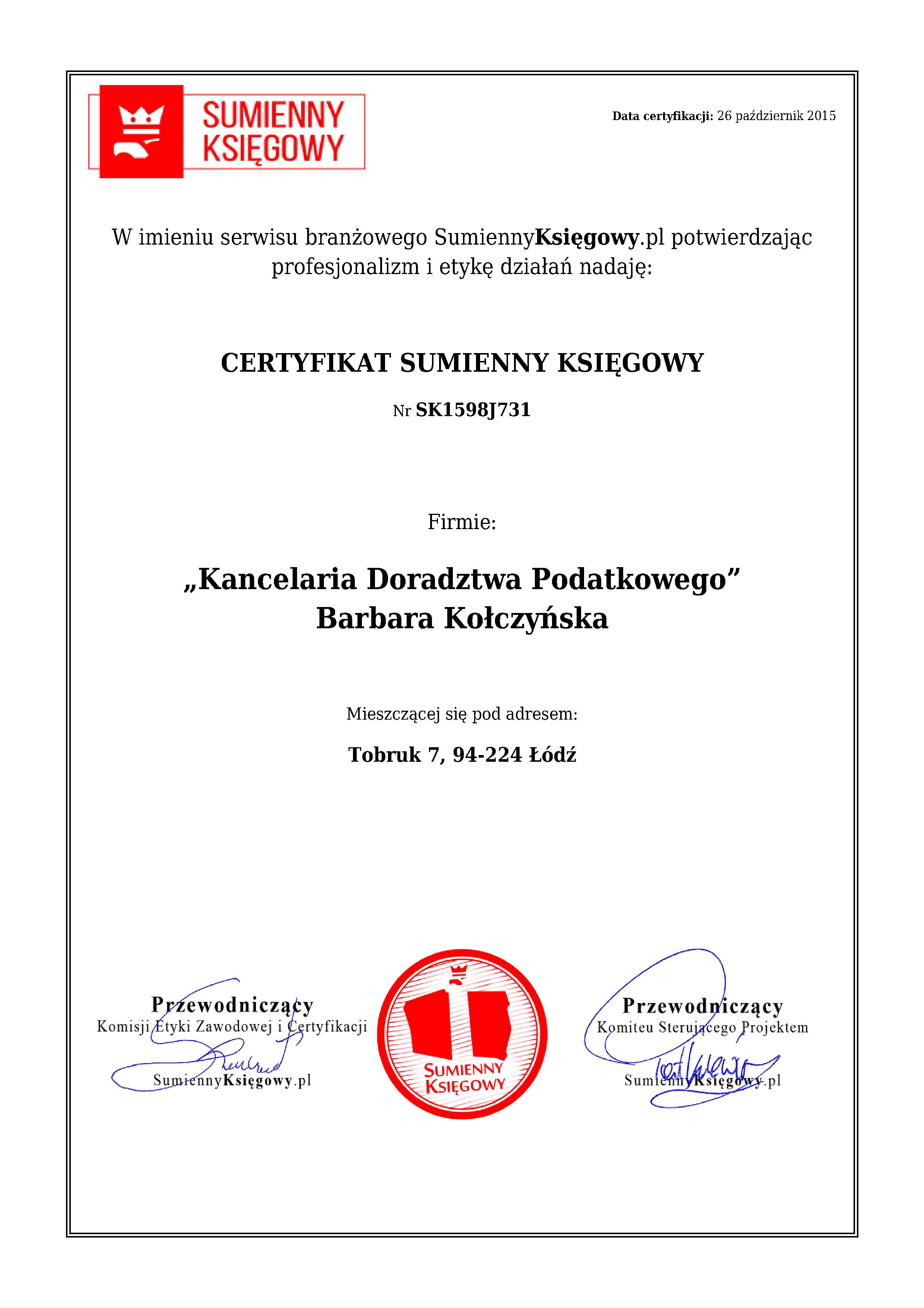 Certyfikat „Kancelaria Doradztwa Podatkowego”  Barbara Kołczyńska