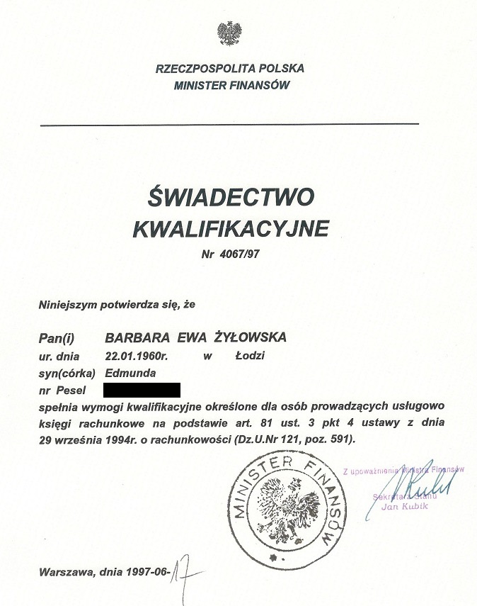 Certyfikat Biuro Rachunkowe Barbara Krajewska-Żyłowska