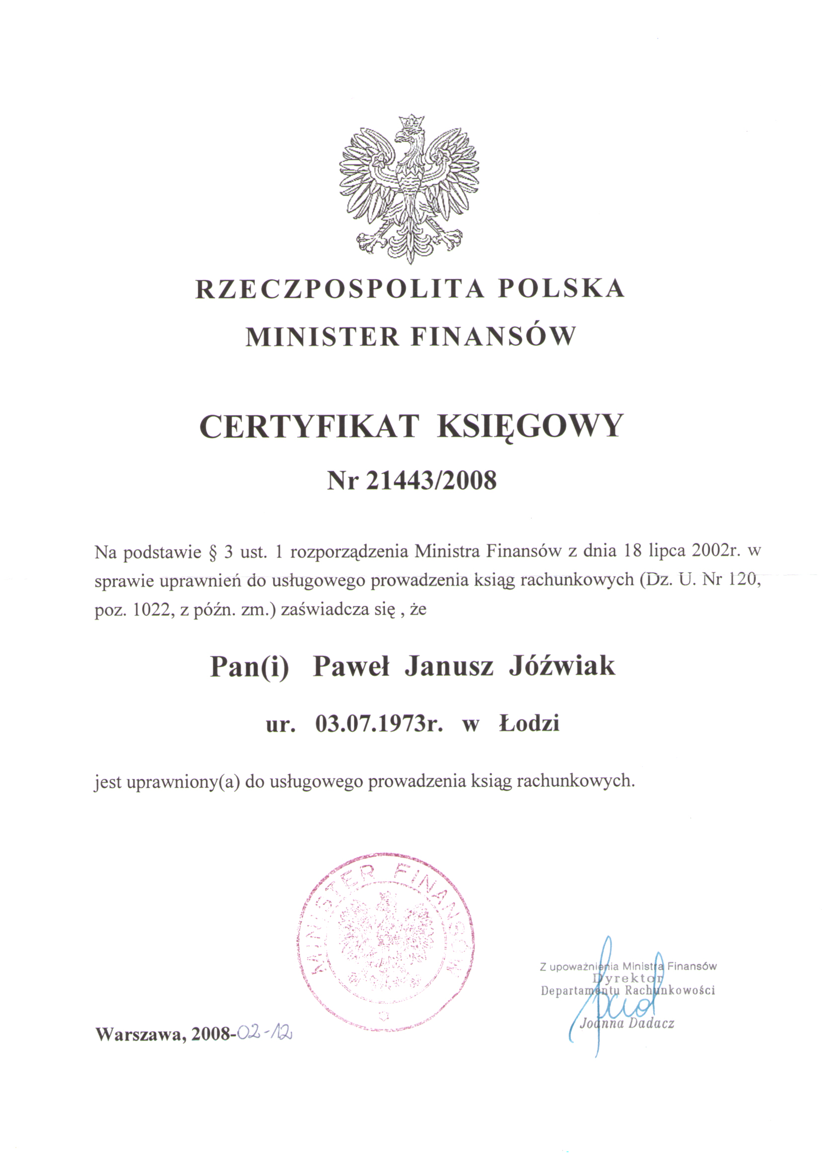 Certyfikat „Dekret” Lucyna Jóźwiak