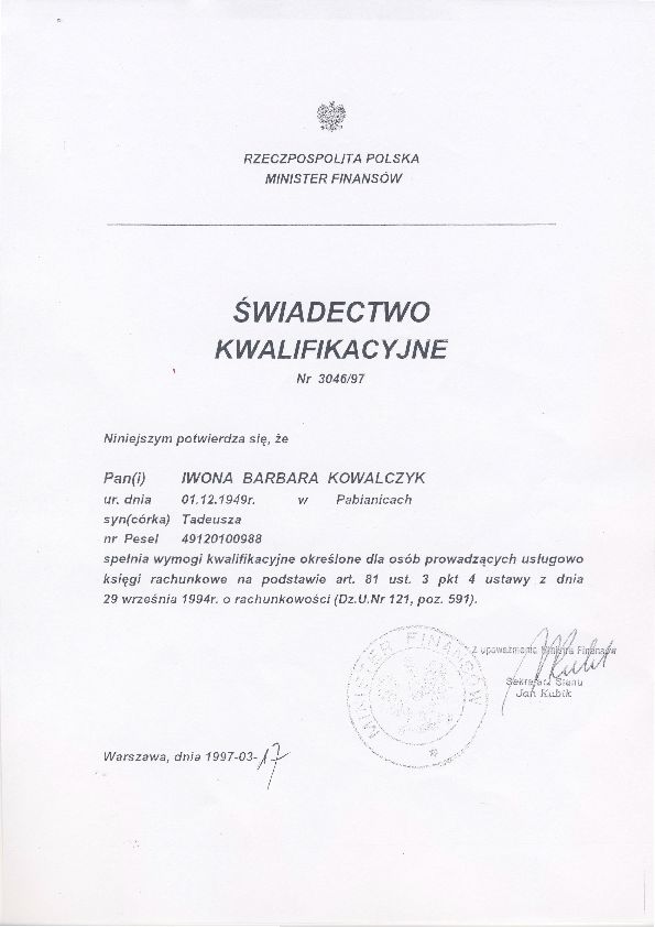 Certyfikat Mono Biuro Księgowe Iwona Kowalczyk