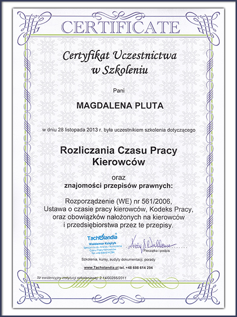 Certyfikat Biuro Rachunkowe Mirosława Pluta 