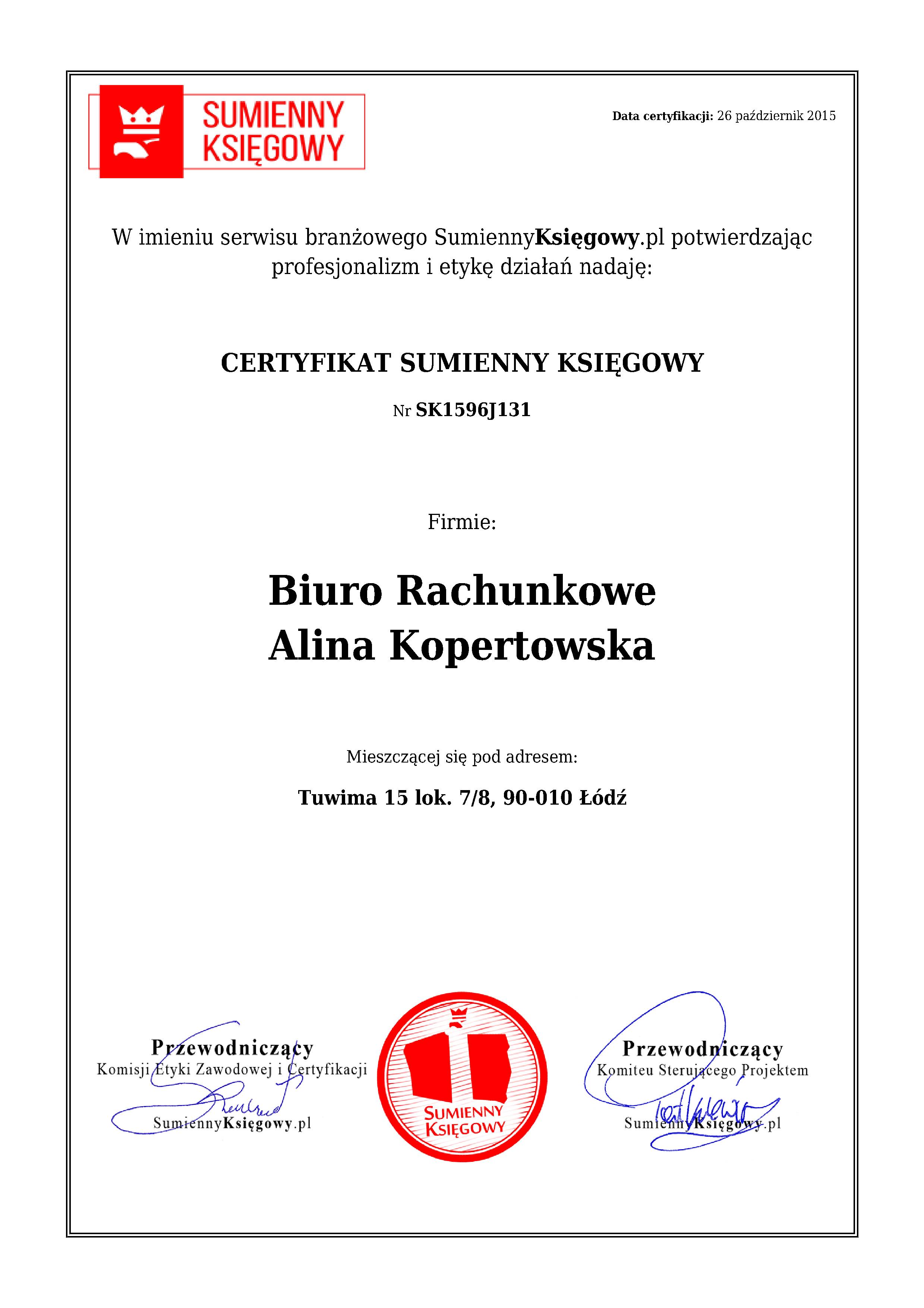 Certyfikat Biuro Rachunkowe Alina Kopertowska