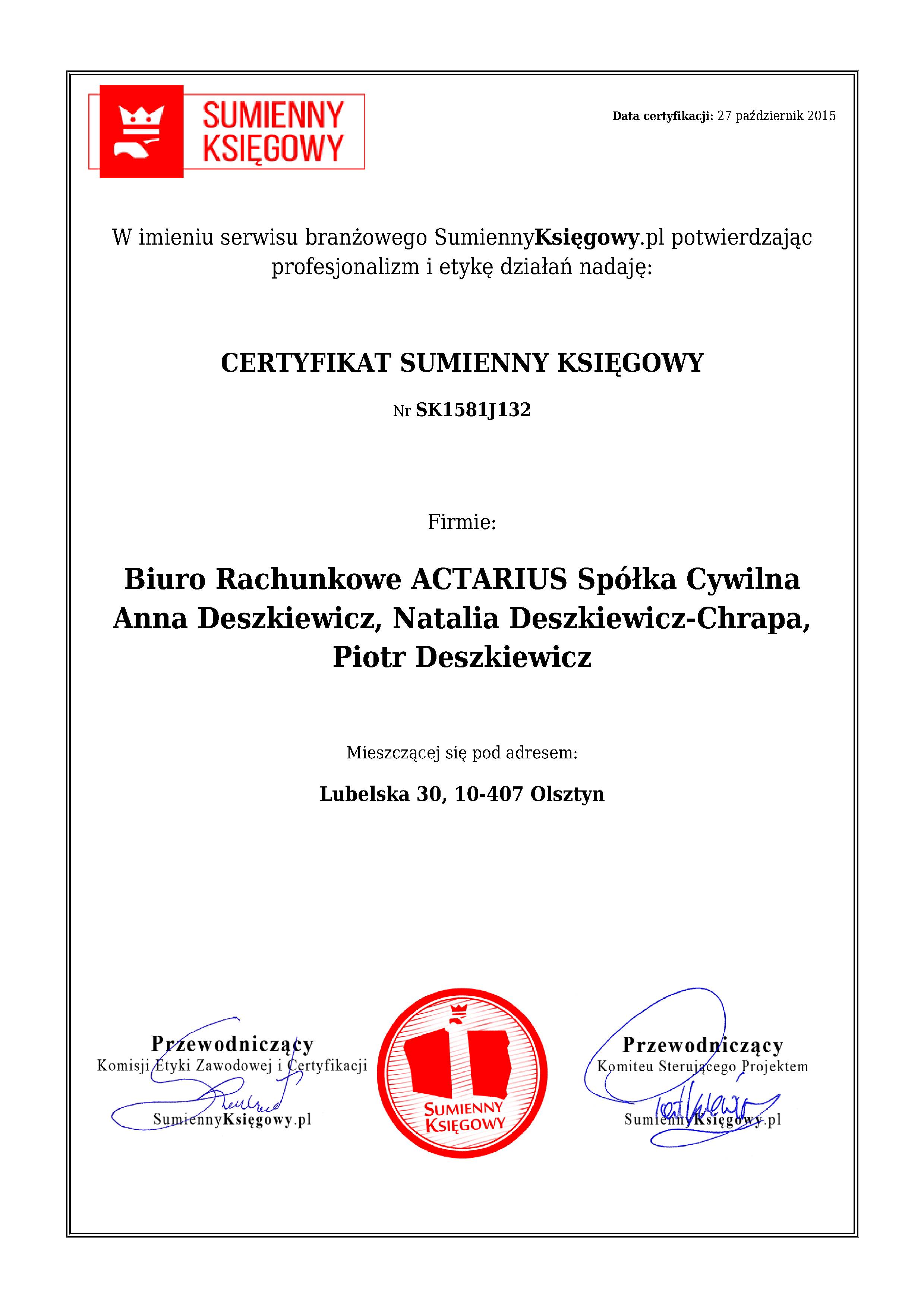 Certyfikat Biuro Rachunkowe ACTARIUS Spółka Cywilna Anna Deszkiewicz, Natalia Deszkiewicz-Chrapa, Piotr Deszkiewicz