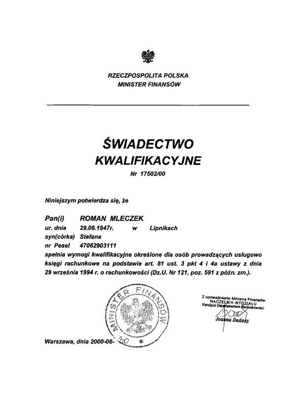 Certyfikat ARM „Rom” Biuro Prawno-Rachunkowe Roman Mleczek 
