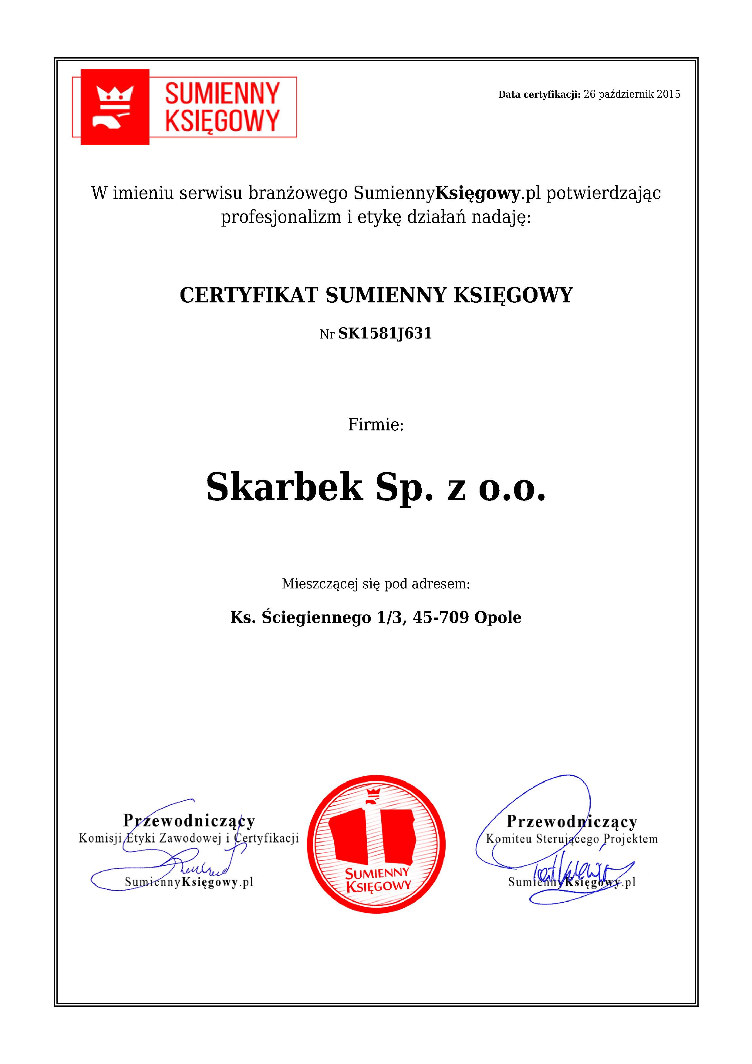 Certyfikat Skarbek Sp. z o.o. 