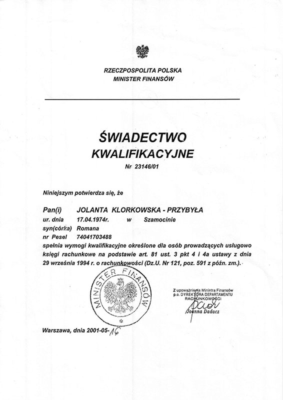 Certyfikat Kancelaria Doradztwa Podatkowego i Rachunkowości Noblesse Jolanta Klorkowska-Przybyła