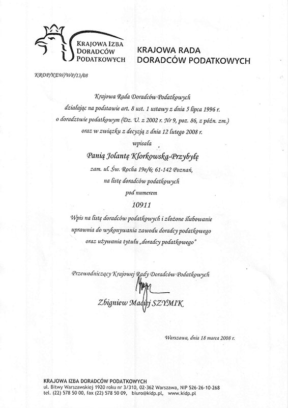 Certyfikat Kancelaria Doradztwa Podatkowego i Rachunkowości Noblesse Jolanta Klorkowska-Przybyła