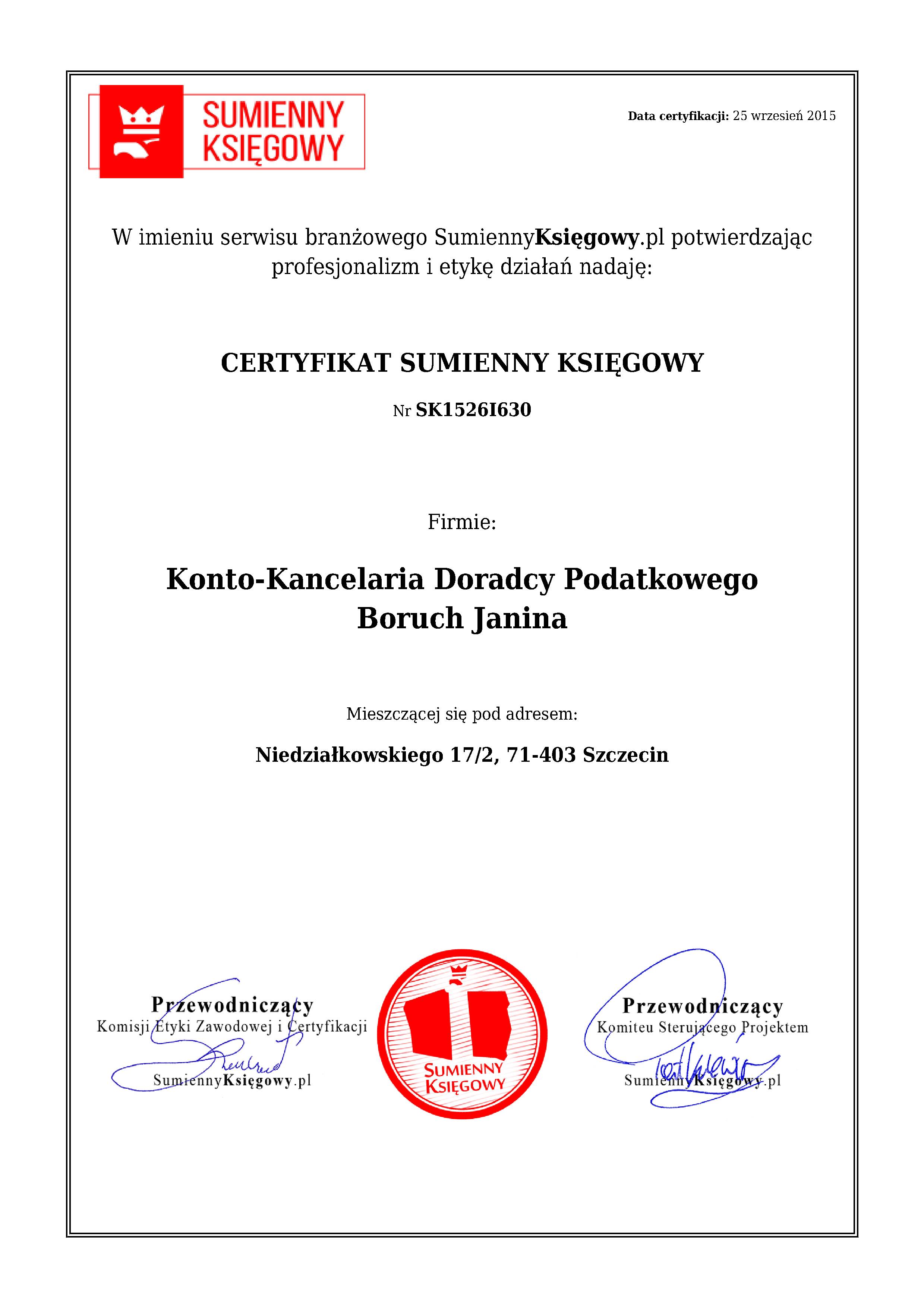 Certyfikat Konto-Kancelaria Doradcy Podatkowego Boruch Janina