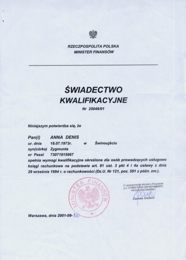 Certyfikat Tax & Finance Biuro Rachunkowe Anna Denis 