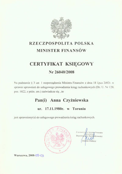Certyfikat Biuro ANIMAR Anna Walicka