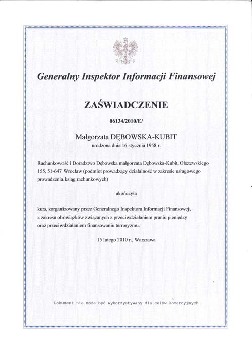 Certyfikat Rachunkowość i Doradztwo DĘBOWSKA, Małgorzata Dębowska-Kubit