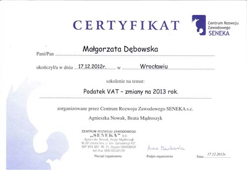 Certyfikat Rachunkowość i Doradztwo DĘBOWSKA, Małgorzata Dębowska-Kubit