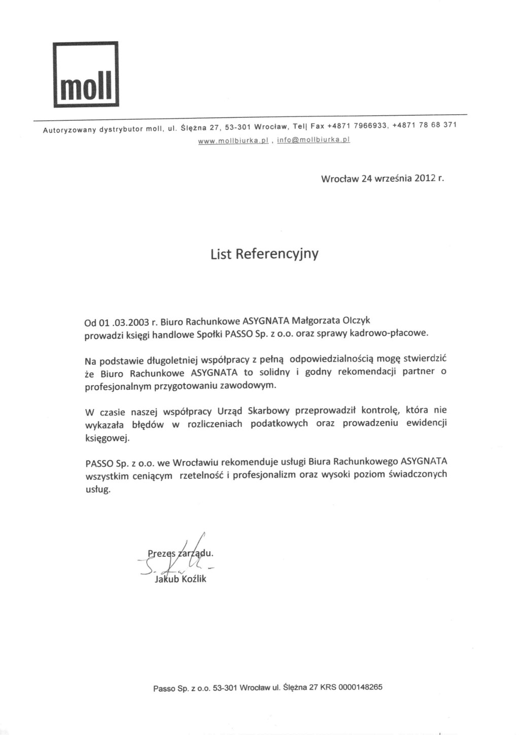 Referencje Biuro Rachunkowe „Asygnata” Małgorzata Olczyk 