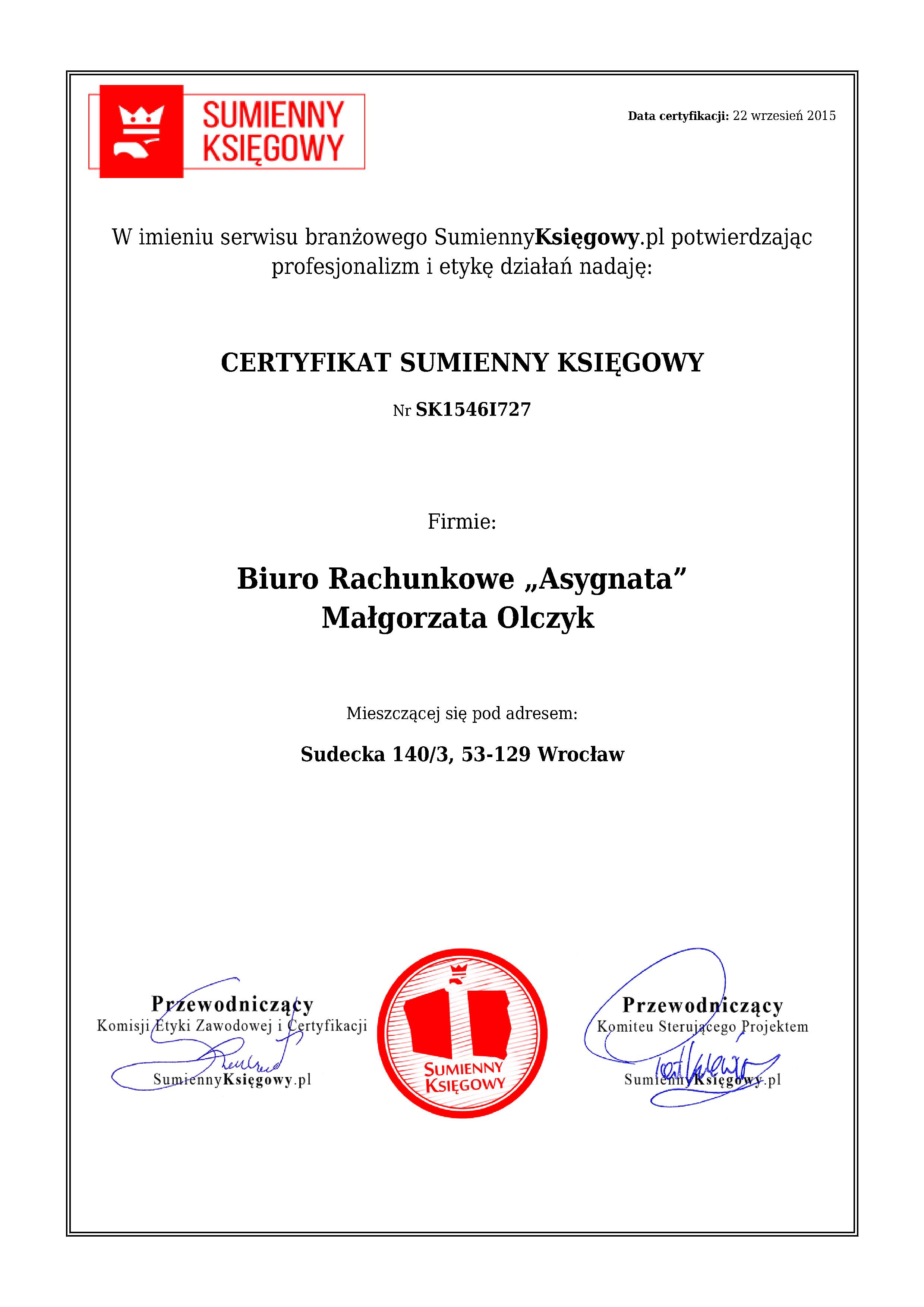 Biuro Rachunkowe „Asygnata” Małgorzata Olczyk  certyfikat 1