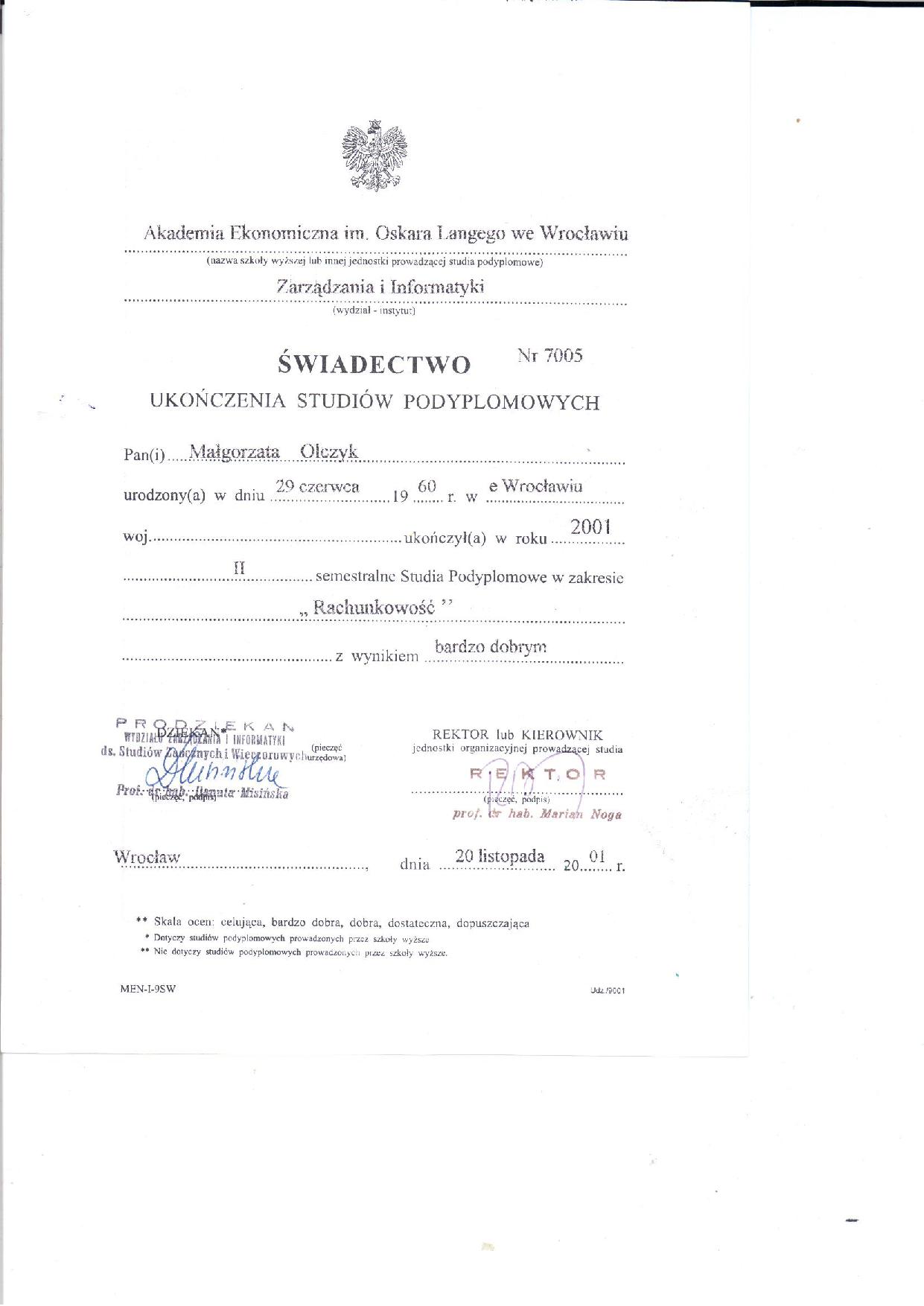 Biuro Rachunkowe „Asygnata” Małgorzata Olczyk  certyfikat 2