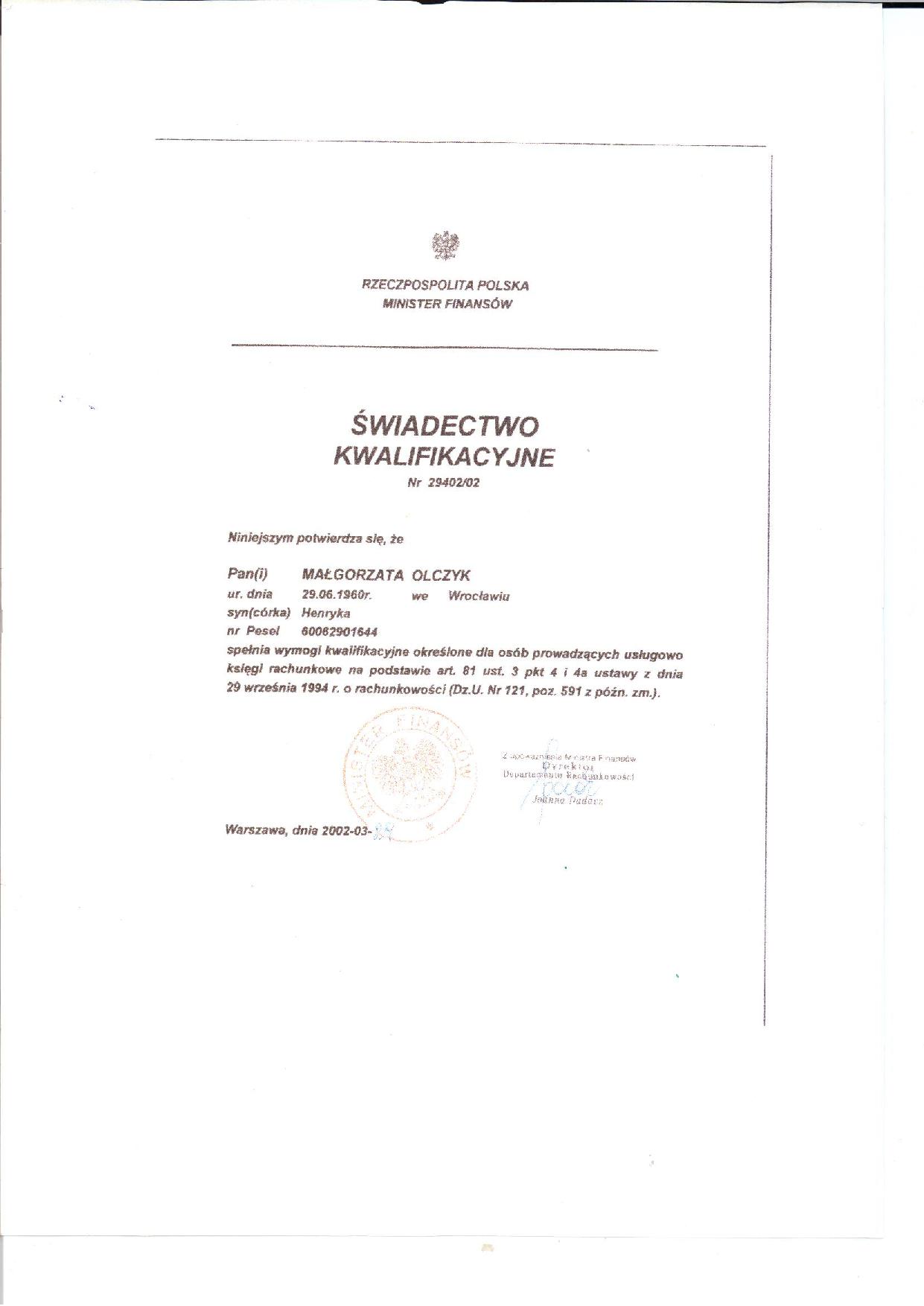 Biuro Rachunkowe „Asygnata” Małgorzata Olczyk  certyfikat 3
