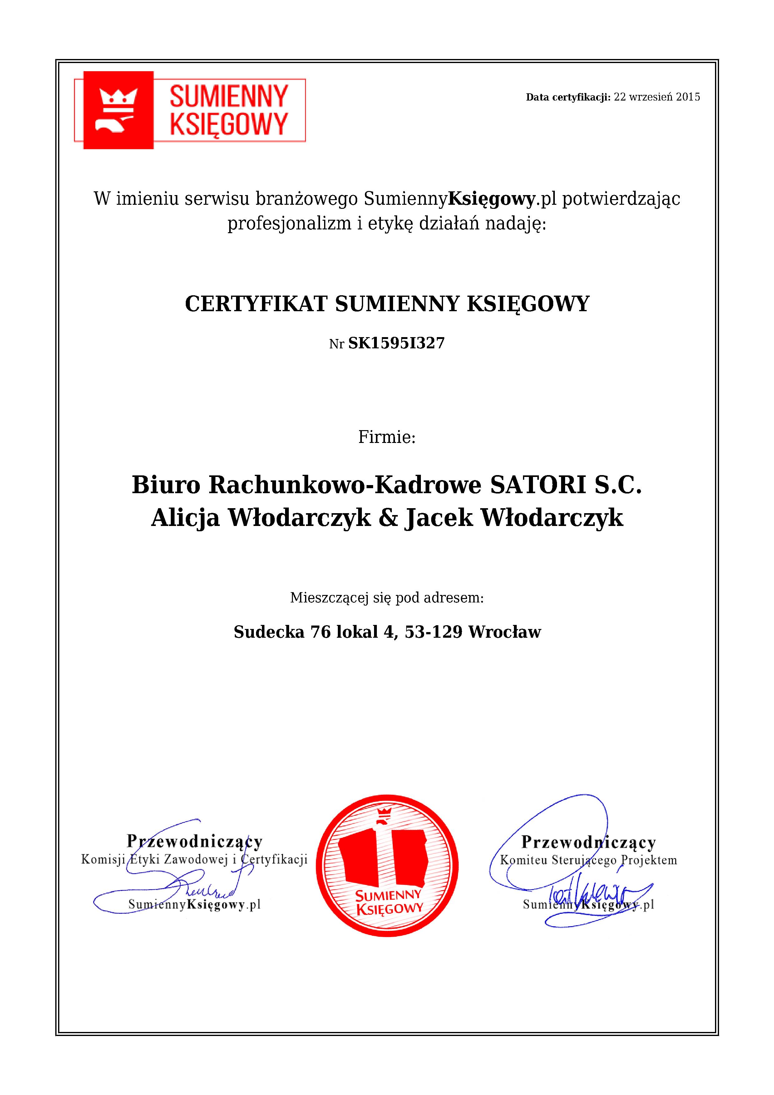 Certyfikat Biuro Rachunkowo-Kadrowe SATORI S.C. Alicja Włodarczyk & Jacek Włodarczyk