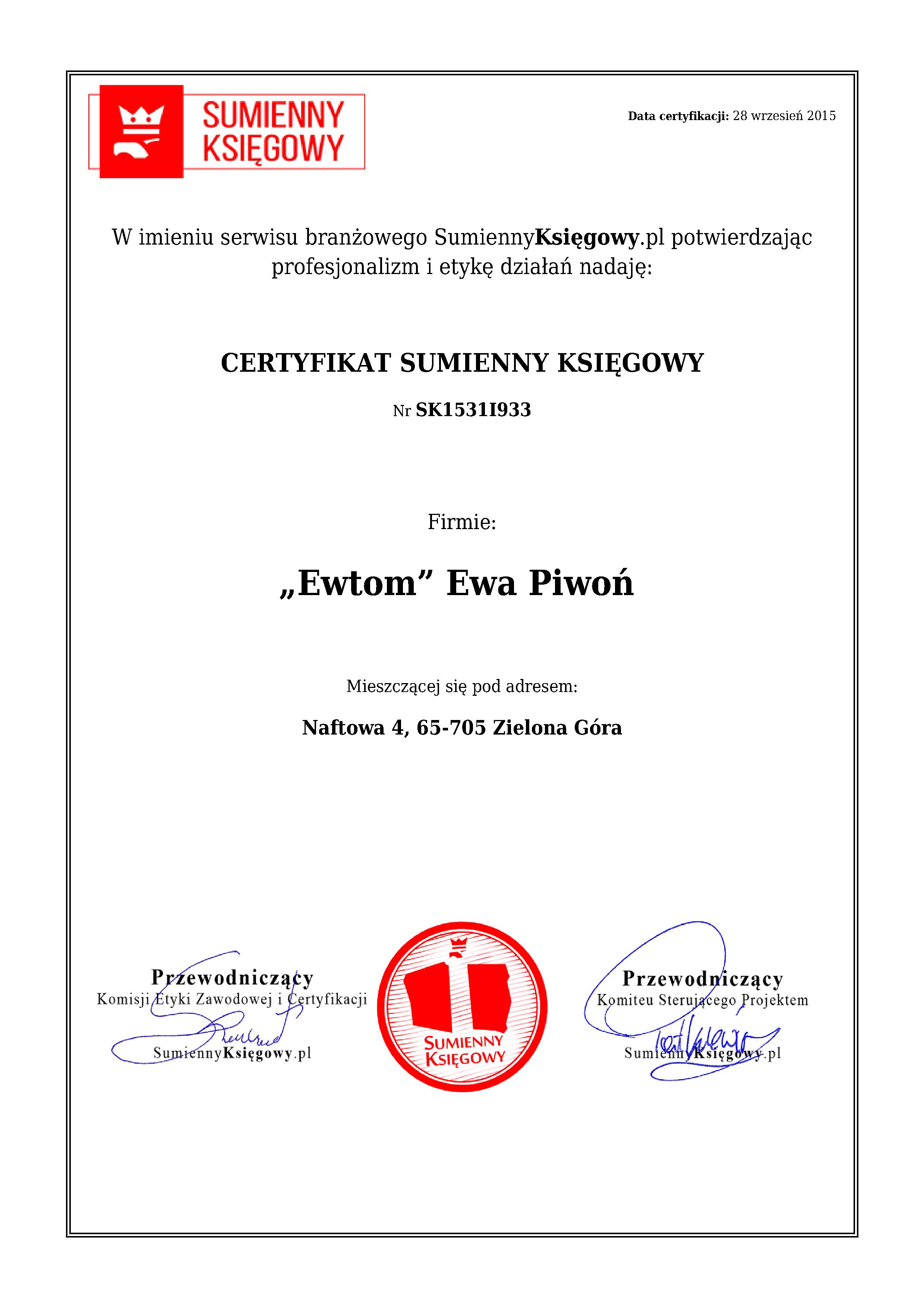 Certyfikat „Ewtom” Ewa Piwoń 